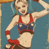 Illustration of DC Comics Harley Quinn with blue pigtails, dressed in a red, white, and blue outfit, holding a baseball bat and smiling confidently against a distressed blue background. Fantasy art poster available in A1 to A4 sizes.