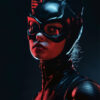 A woman wearing a black cat-themed mask and bodysuit, illuminated by dramatic red and blue lighting against a dark background. Fantasy art poster available in A1 to A4 sizes.