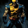 Comic-style illustration poster of Wolverine in his classic yellow and blue costume with claws extended, standing fiercely. A1 to A4 print sizes.