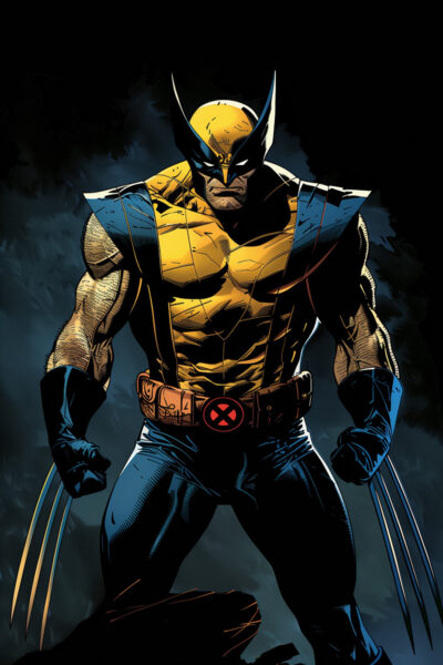Comic-style illustration poster of Wolverine in his classic yellow and blue costume with claws extended, standing fiercely. A1 to A4 print sizes.