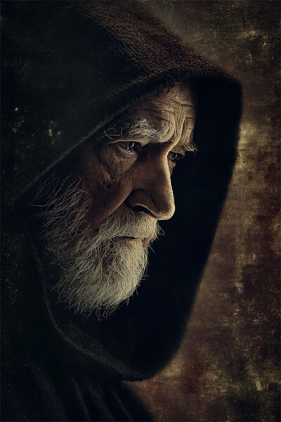 Elderly man with a white beard and mustache wearing a dark hooded cloak, shown in profile against a textured, dark background, reminiscent of Obi-Wan Kenobi from Star Wars. Fantasy art poster available in A1 to A4 sizes.