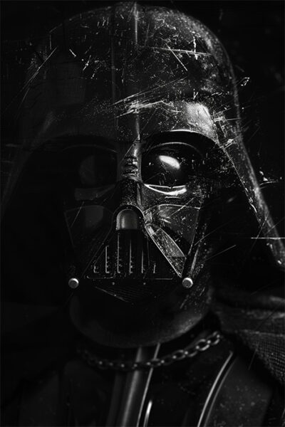 Close-up of Darth Vader’s helmeted face from Star Wars, shown in low light with visible scratches and reflections on the mask. Fantasy art poster available in A1 to A4 sizes.