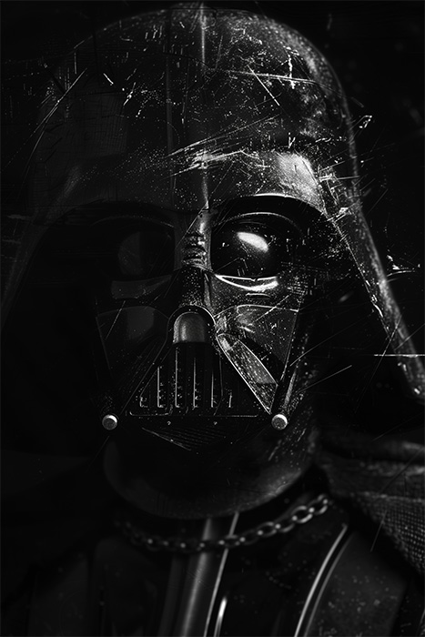 product-image-2-3 Close-up of Darth Vader’s helmeted face from Star Wars, shown in low light with visible scratches and reflections on the mask. Fantasy art poster available in A1 to A4 sizes.