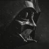 Close-up of Darth Vader’s helmeted face from Star Wars, with water droplets glistening on the surface, set against a dark, misty background. Fantasy art poster available in A1 to A4 sizes.