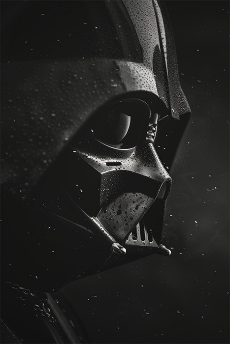 Close-up of Darth Vader’s helmeted face from Star Wars, with water droplets glistening on the surface, set against a dark, misty background. Fantasy art poster available in A1 to A4 sizes.