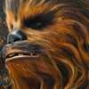 A detailed, close-up illustration of a furry creature with orange and brown fur, dark nose, and visible teeth, reminiscent of Chewbacca from Star Wars, set against a dark background with orange specks. Fantasy art poster available in A1 to A4 sizes.