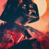 Stylized Star Wars poster artwork featuring Darth Vader, a droid, and two figures dueling with lightsabers on a rocky hill beneath a large sun. Fantasy art poster available in A1 to A4 sizes.