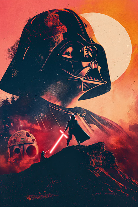 product-image-2-3 Stylized Star Wars poster artwork featuring Darth Vader, a droid, and two figures dueling with lightsabers on a rocky hill beneath a large sun. Fantasy art poster available in A1 to A4 sizes.
