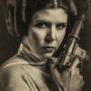 Woman in vintage-style photo with side buns hairstyle, channeling Princess Leia from Star Wars, wearing a light-colored outfit and holding a sci-fi blaster, looking seriously at the camera. Fantasy art poster available in A1 to A4 sizes.
