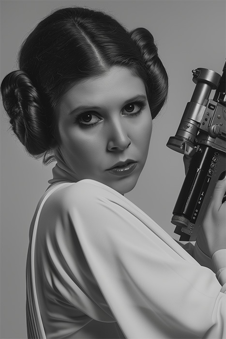 A woman with dark hair styled in two side buns wears a white outfit and holds a sci-fi blaster, channeling Princess Leia from Star Wars in a dramatic, monochrome portrait. Fantasy art poster available in A1 to A4 sizes.
