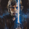 A person in dark clothing holds a lit blue lightsaber upright, channeling the serious determination of Luke Skywalker from Star Wars against a dark, space-like background. Fantasy art poster available in A1 to A4 sizes.