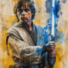 A young man in a beige robe holds a blue lightsaber with both hands, resembling Luke Skywalker from Star Wars, standing against an abstract, paint-splattered background. Fantasy art poster available in A1 to A4 sizes.