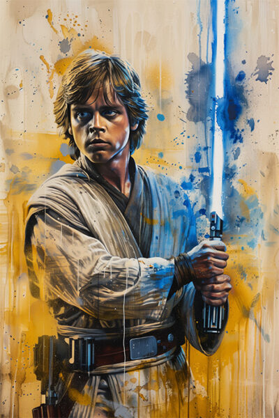 A young man in a beige robe holds a blue lightsaber with both hands, resembling Luke Skywalker from Star Wars, standing against an abstract, paint-splattered background. Fantasy art poster available in A1 to A4 sizes.
