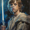Luke Skywalker from Star Wars, in Jedi robes, holds a lit lightsaber against a dark, abstract background. Fantasy art poster available in A1 to A4 sizes.