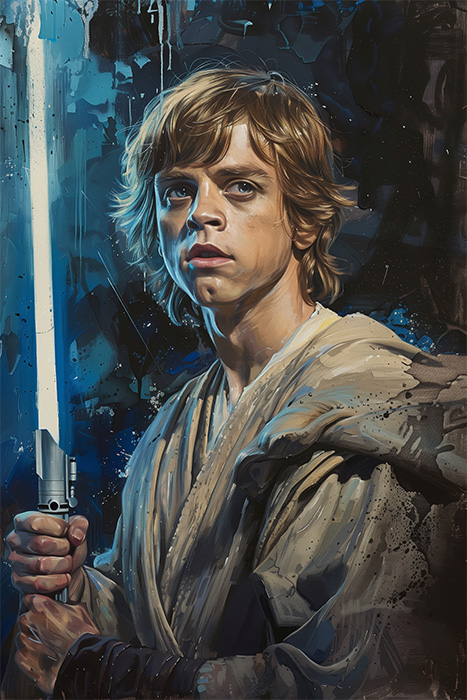 product-image-2-3 Luke Skywalker from Star Wars, in Jedi robes, holds a lit lightsaber against a dark, abstract background. Fantasy art poster available in A1 to A4 sizes.