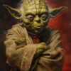 Yoda from Star Wars character with large ears and a brown robe stands with arms crossed against a dark, red-speckled background. Fantasy art poster available in A1 to A4 sizes.