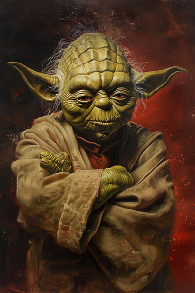 Yoda from Star Wars character with large ears and a brown robe stands with arms crossed against a dark, red-speckled background. Fantasy art poster available in A1 to A4 sizes.