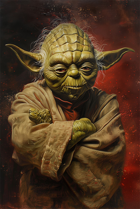product-image-2-3 Yoda from Star Wars character with large ears and a brown robe stands with arms crossed against a dark, red-speckled background. Fantasy art poster available in A1 to A4 sizes.