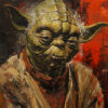 A detailed painting of Yoda from Star Wars, featuring a textured green face, large ears, and brown robe, set against a dramatic red and black abstract background. Fantasy art poster available in A1 to A4 sizes.