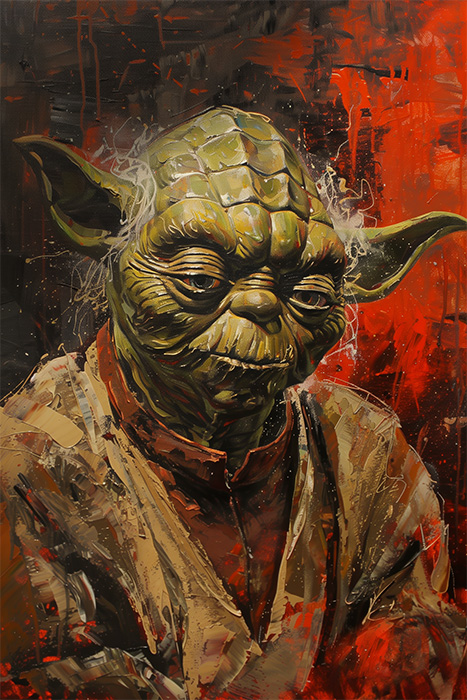 product-image-2-3 A detailed painting of Yoda from Star Wars, featuring a textured green face, large ears, and brown robe, set against a dramatic red and black abstract background. Fantasy art poster available in A1 to A4 sizes.