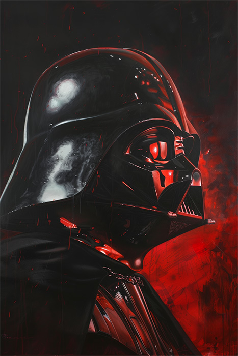 A close-up of Darth Vader in his black helmet and armour, illuminated by a red light, with a dark background—an iconic image from Star Wars. Fantasy art poster available in A1 to A4 sizes.