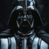 A close-up of Darth Vader from Star Wars, wearing the iconic black helmet and armour against a dark background. Fantasy art poster available in A1 to A4 sizes.