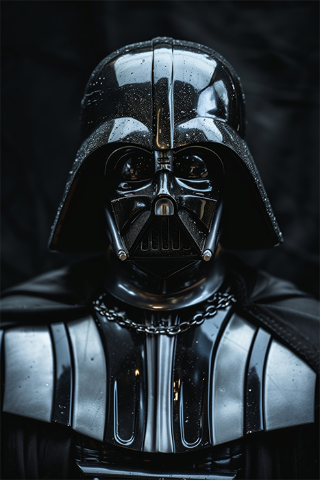 A close-up of Darth Vader from Star Wars, wearing the iconic black helmet and armour against a dark background. Fantasy art poster available in A1 to A4 sizes.