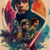 A vibrant Star Wars poster collage featuring Luke Skywalker, Mandalorian, Darth Vader, R2-D2, and other iconic characters with lightsabers and space elements in the background. Fantasy art poster available in A1 to A4 sizes.