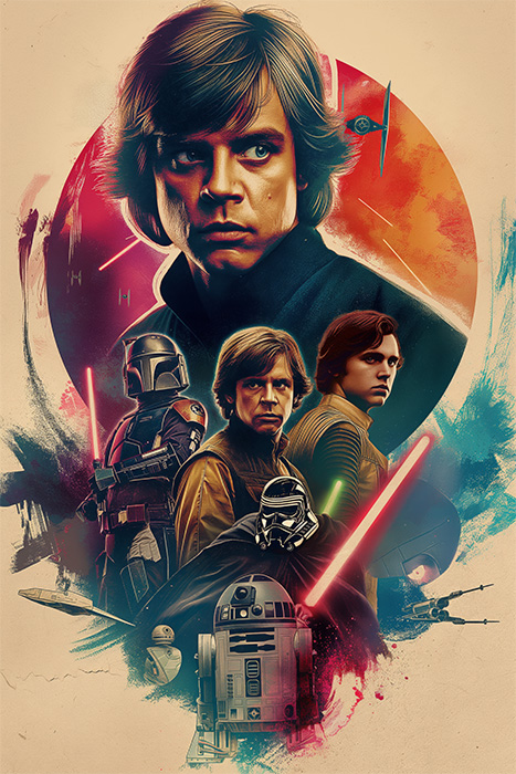 A vibrant Star Wars poster collage featuring Luke Skywalker, Mandalorian, Darth Vader, R2-D2, and other iconic characters with lightsabers and space elements in the background. Fantasy art poster available in A1 to A4 sizes.