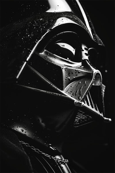 Close-up of Darth Vaders helmet, covered in water droplets, against a dark background—a striking tribute to the iconic Star Wars villain. Fantasy art poster available in A1 to A4 sizes.