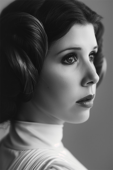product-image-2-3 Black and white portrait of a woman with detailed braided hair styled in two side buns, wearing a high-collared white outfit, gazing thoughtfully to the side, evoking the iconic look of Princess Leia from Star Wars. Fantasy art poster available in A1 to A4 sizes.