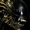 A close-up of a glossy, black Xenomorph with sharp metallic teeth, cables, and tubes on its head against a dark background. Horror poster available in A1 to A4 sizes.