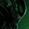Close-up of a menacing Alien Xenomorph creature with a shiny, elongated head and sharp teeth, highlighted by green lighting against a dark background. Horror poster available in A1 to A4 sizes.