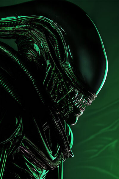 Close-up of a menacing Alien Xenomorph creature with a shiny, elongated head and sharp teeth, highlighted by green lighting against a dark background. Horror poster available in A1 to A4 sizes.