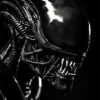 A close-up of an Alien Xenomorph with a shiny elongated head, sharp teeth, and intricate tube-like structures around its face, set against a black background. Horror poster available in A1 to A4 sizes.