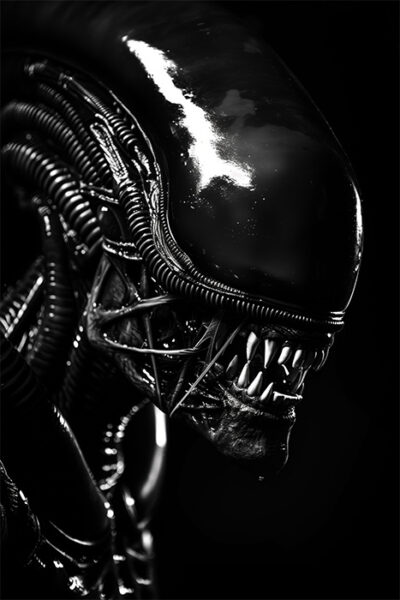 A close-up of an Alien Xenomorph with a shiny elongated head, sharp teeth, and intricate tube-like structures around its face, set against a black background. Horror poster available in A1 to A4 sizes.