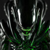 A close-up of a black Alien Xenomorph creature with sharp teeth, shiny surface, and glowing green highlights on its body. Horror poster available in A1 to A4 sizes.