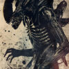 A dark, biomechanical Xenomorph with an elongated head stands against a stained, grungy background streaked with ink splatters. Horror poster available in A1 to A4 sizes.
