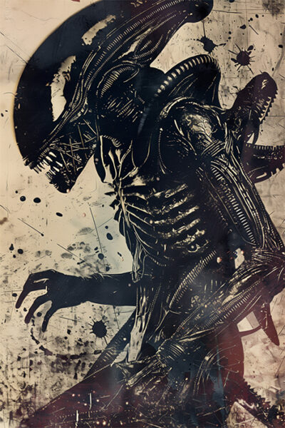A dark, biomechanical Xenomorph with an elongated head stands against a stained, grungy background streaked with ink splatters. Horror poster available in A1 to A4 sizes.