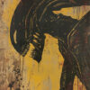 A stylized painting of an Alien Xenomorph from the franchise, depicted in profile with dark tones and a splattered, textured yellow and brown background. Horror poster available in A1 to A4 sizes.