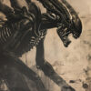 A detailed illustration of an Alien Xenomorph, a fictional creature with an elongated head, sharp teeth, and biomechanical features, set against a grungy, sepia-toned background. Horror poster available in A1 to A4 sizes.