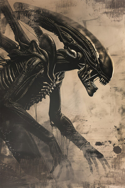 A detailed illustration of an Alien Xenomorph, a fictional creature with an elongated head, sharp teeth, and biomechanical features, set against a grungy, sepia-toned background. Horror poster available in A1 to A4 sizes.