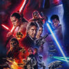 A vibrant Star Wars poster showcasing a collage of iconic characters with lightsabers, spaceships, stormtroopers, and the Death Star against a cosmic background. Fantasy art poster available in A1 to A4 sizes.