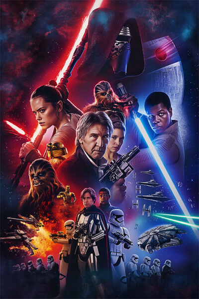 A vibrant Star Wars poster showcasing a collage of iconic characters with lightsabers, spaceships, stormtroopers, and the Death Star against a cosmic background. Fantasy art poster available in A1 to A4 sizes.