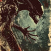 A menacing Alien Xenomorph creature with an elongated head and sharp claws appears against a grungy, abstract background. Horror poster available in A1 to A4 sizes.