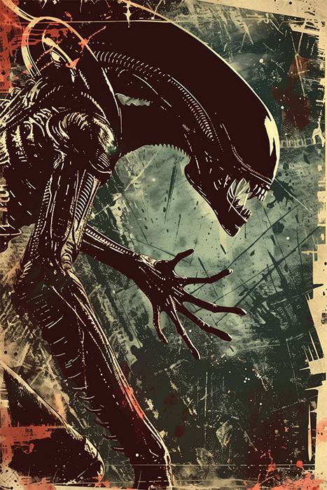 product-image-2-3 A menacing Alien Xenomorph creature with an elongated head and sharp claws appears against a grungy, abstract background. Horror poster available in A1 to A4 sizes.