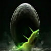 A large, textured Alien egg with green cracks and glowing light emerges from dark, misty ground. Horror poster available in A1 to A4 sizes.