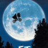 A boy on a bicycle with an alien in the front basket flies across a large full moon, silhouetted against a night sky above treetops. This iconic 1982 poster features text that reads E.T. The Extra-Terrestrial. Movie poster available in A1 to A4 sizes.