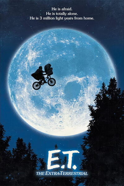 A boy on a bicycle with an alien in the front basket flies across a large full moon, silhouetted against a night sky above treetops. This iconic 1982 poster features text that reads E.T. The Extra-Terrestrial. Movie poster available in A1 to A4 sizes.
