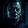 A person wearing a distressed, expressionless Michael Myers mask and a dark collared outfit stands against a dark background with dramatic Halloween lighting. Horror poster available in A1 to A4 sizes.